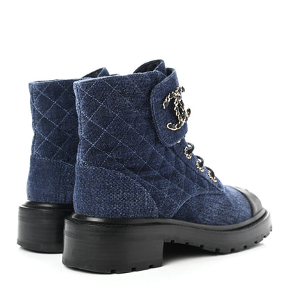Chanel Shiny Calfskin Velvet Quilted Lace Up Combat Boots 39 Blue Black 4 of 11