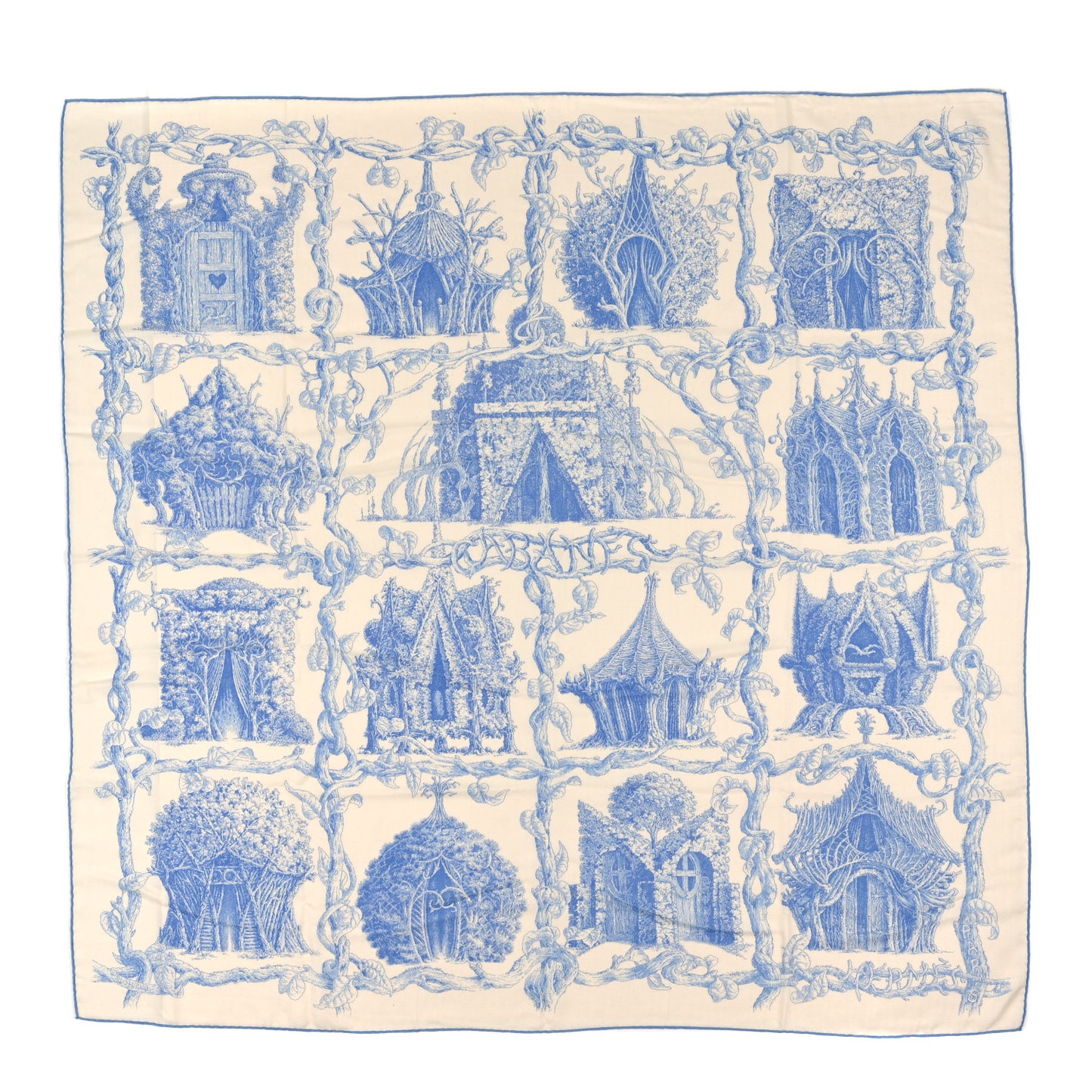 Cashmere Silk Les Cabanes Shawl 140 White Bleu Ciel