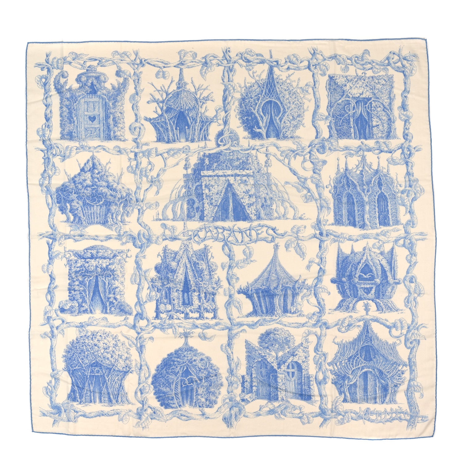 Hermes Cashmere Silk Les Cabanes Shawl 140 White Bleu Ciel 1 of 3