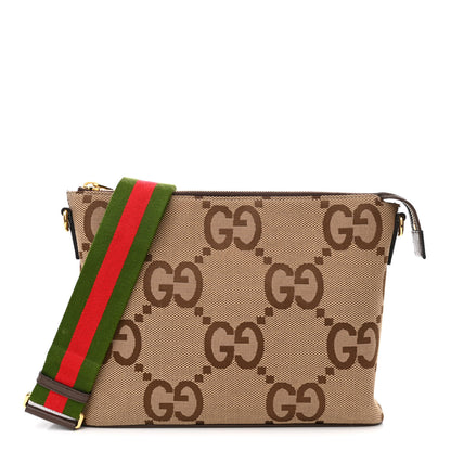 Gucci Monogram Jumbo GG Textured Dollar Calfskin Web Wristlet Messenger Bag Camel Ebony New Acero 1 of 14