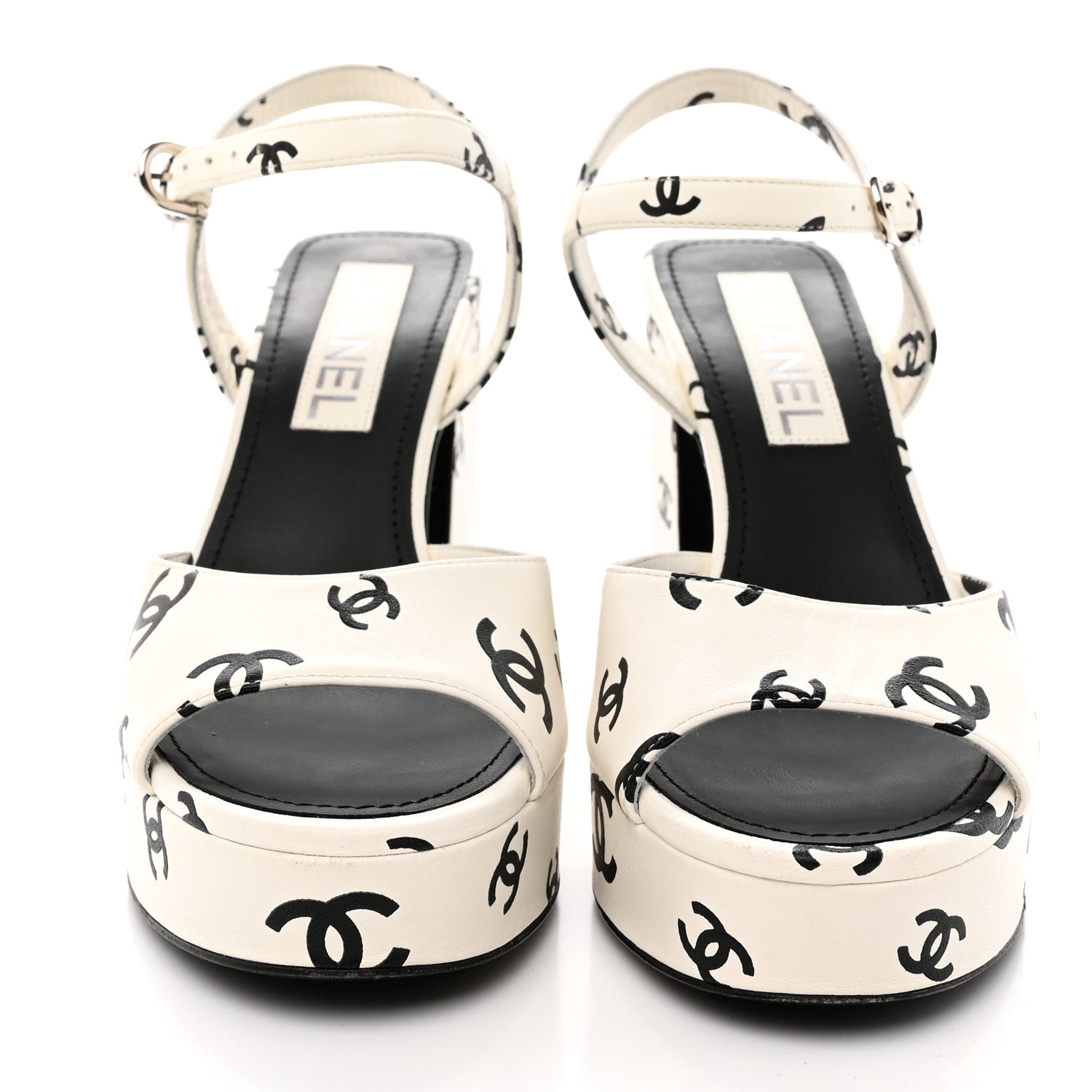 Chanel Printed Lambskin Coco Beach Platform Sandals 37 White Black 2 of 15