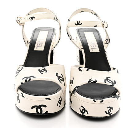 Chanel Printed Lambskin Coco Beach Platform Sandals 37 White Black 2 of 15