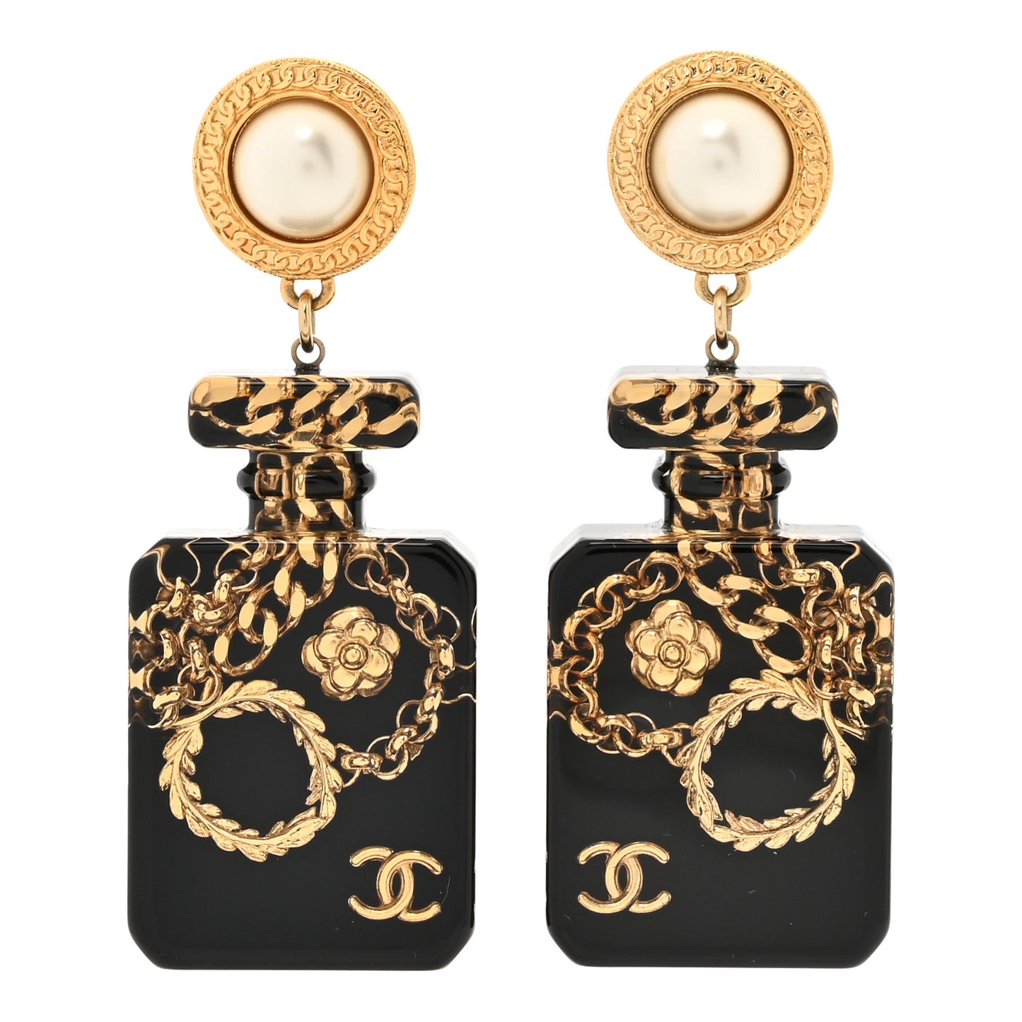 Pearl CC Perfume Bottle Drop Earrings Black Gold