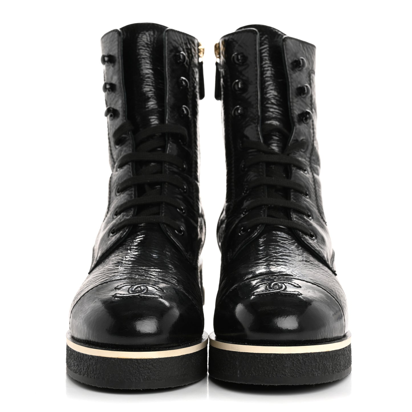 Shiny Crumpled Lambskin Lace Up Combat Boots 42 Black