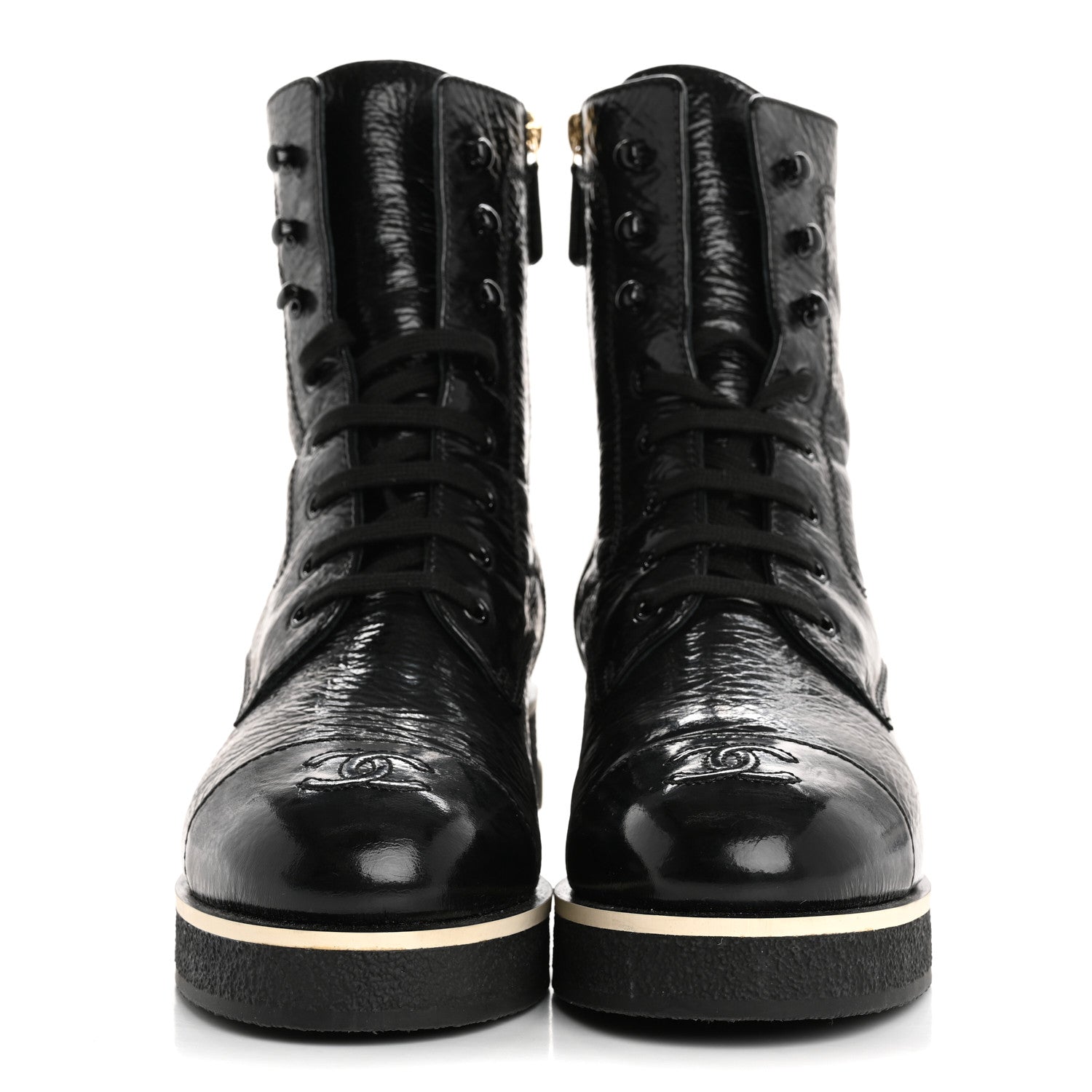 Chanel Shiny Crumpled Lambskin Lace Up Combat Boots 42 Black 3 of 10