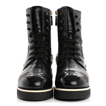 Chanel Shiny Crumpled Lambskin Lace Up Combat Boots 42 Black 3 of 10