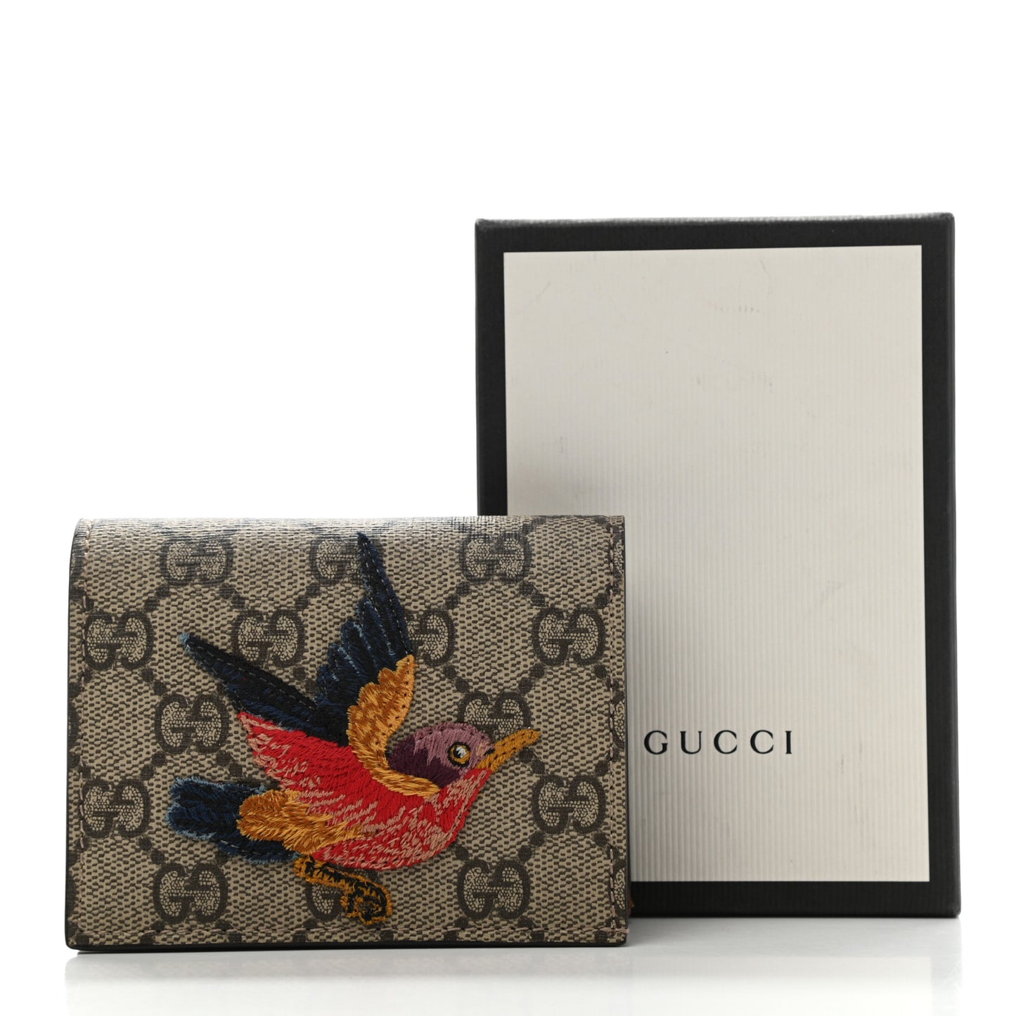 GG Supreme Monogram Bird Embroidered Card Case Beige