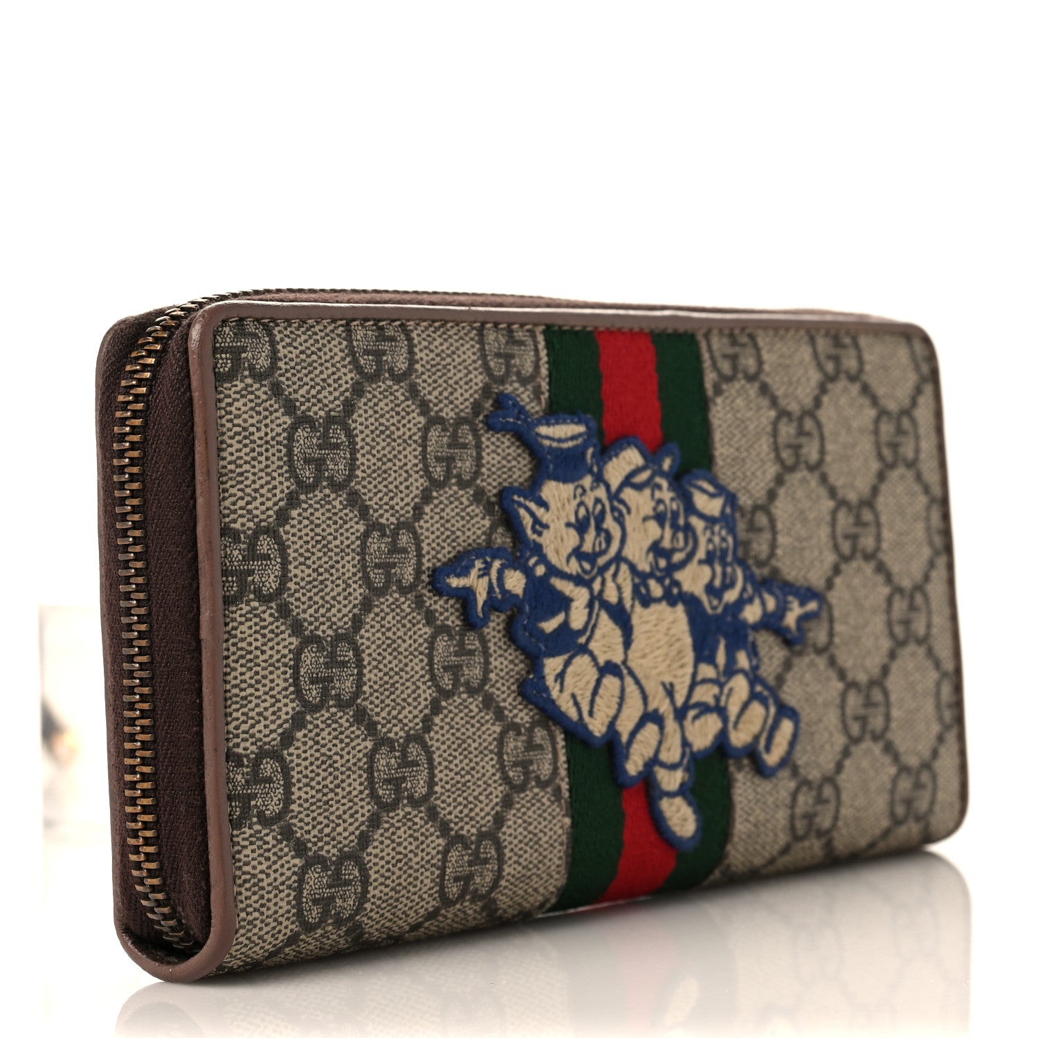 Gucci X DISNEY GG Supreme Monogram Web Three Little Pigs Ophidia Zip Around Wallet Beige New Acero 3 of 9
