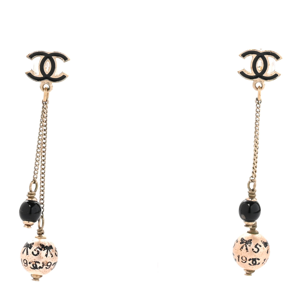 Enamel Beaded CC Drop Earrings Black Gold
