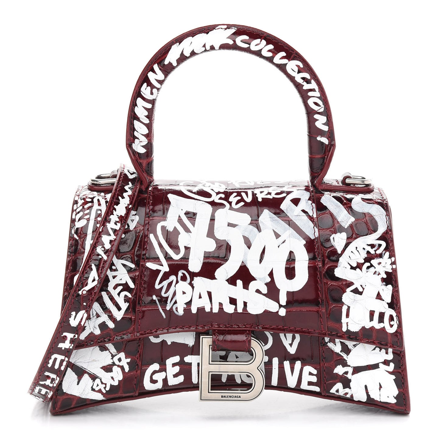 Calfskin Graffiti Crocodile Embossed Hourglass Top Handle Bag XS Dark Red White