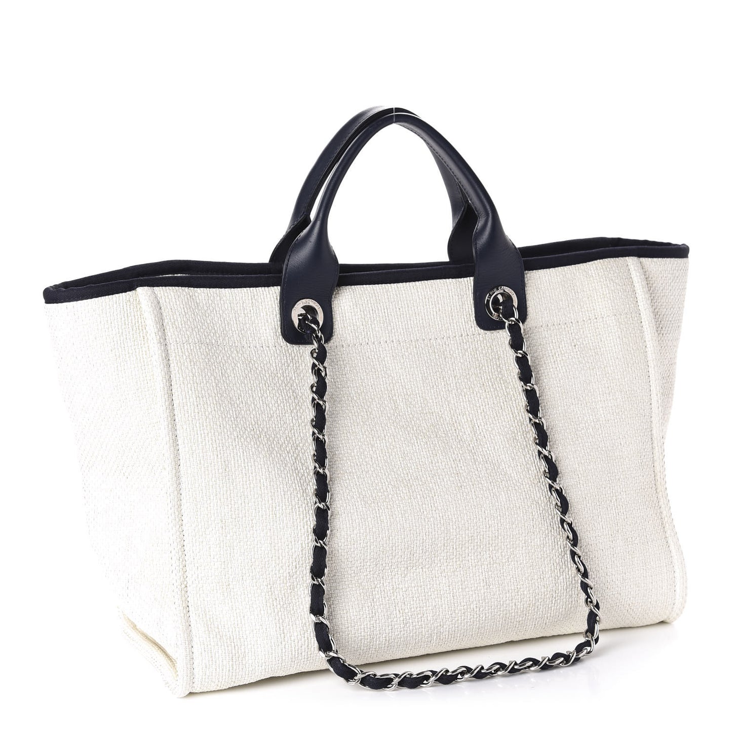 Woven Straw Raffia Medium Deauville Tote White Navy