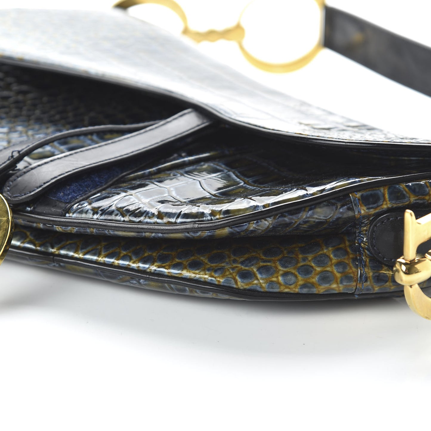 Patent Crocodile Embossed Calfskin Saddle Bag Blue
