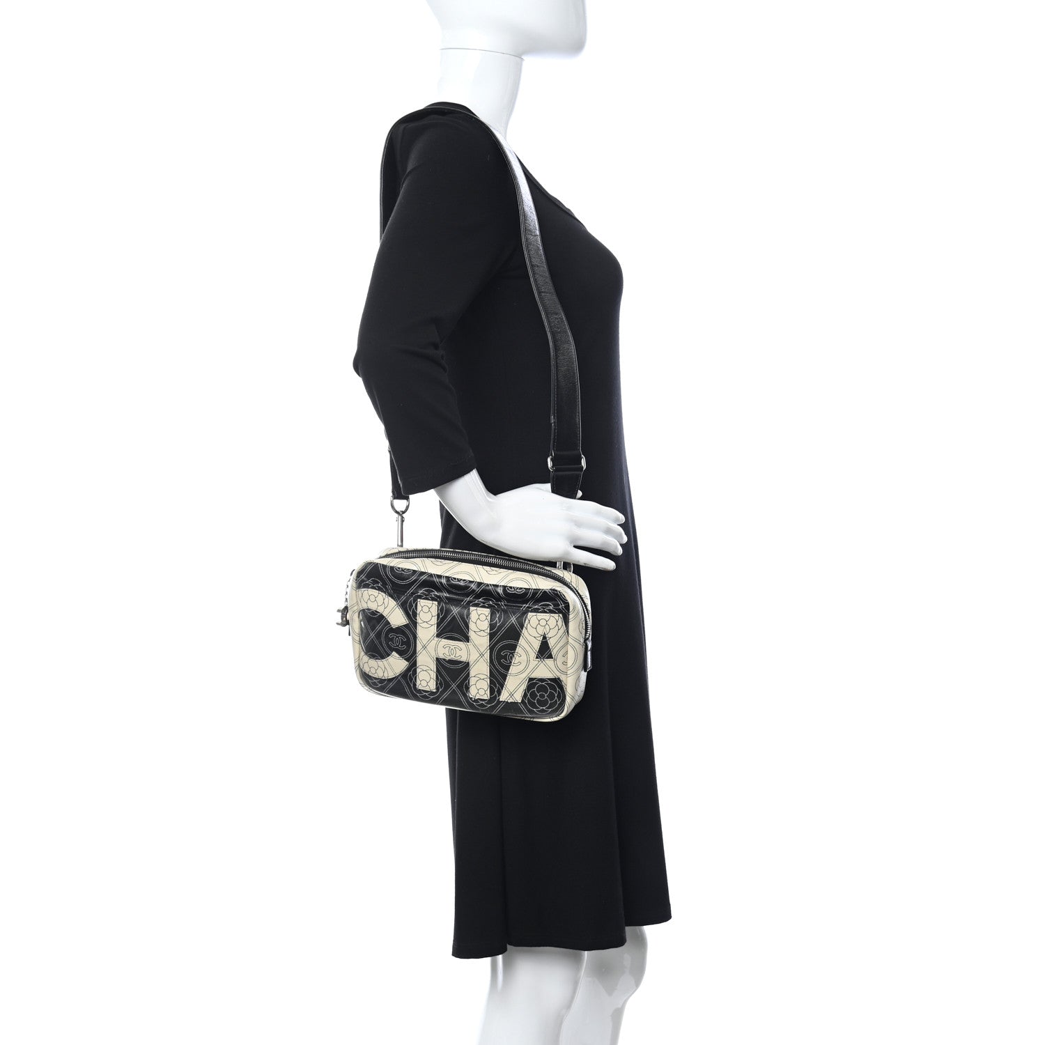 Chanel Coated Canvas Calfskin Camellia Printed Camera Case Black Beige 2 of 14