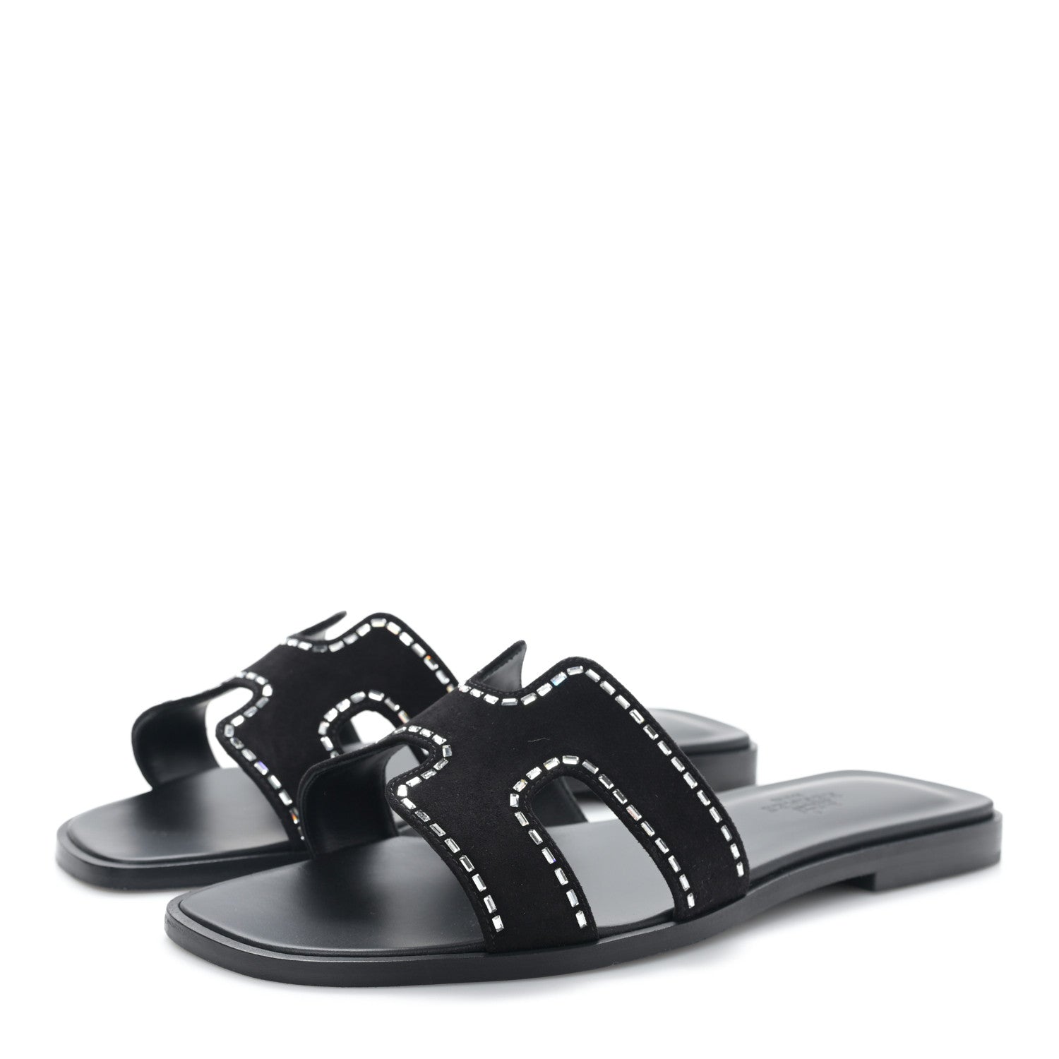 Hermes Calfskin Crystal Embellished Oran Sandals 37 Black 3 of 8