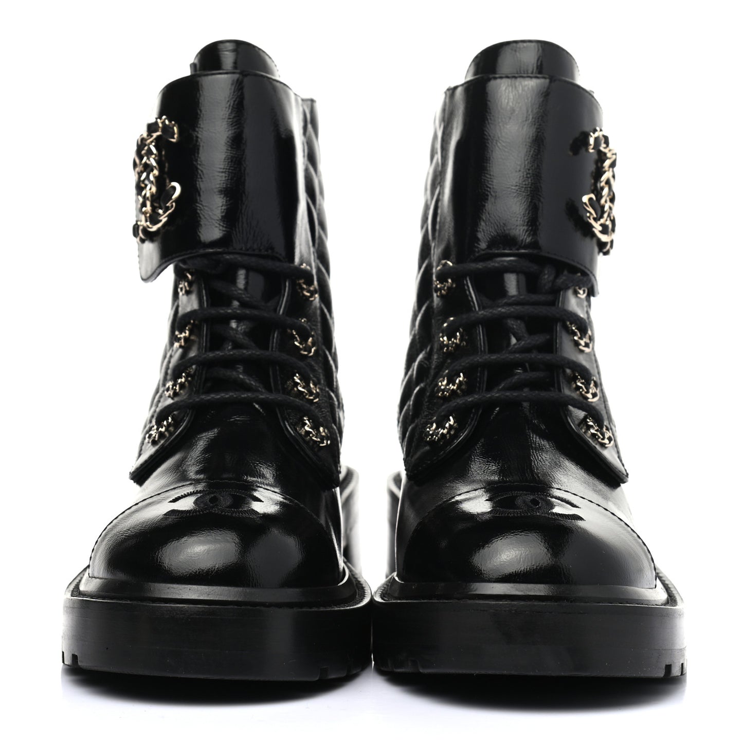 Shiny Calfskin Quilted Lace Up Combat Boots 37.5 Black