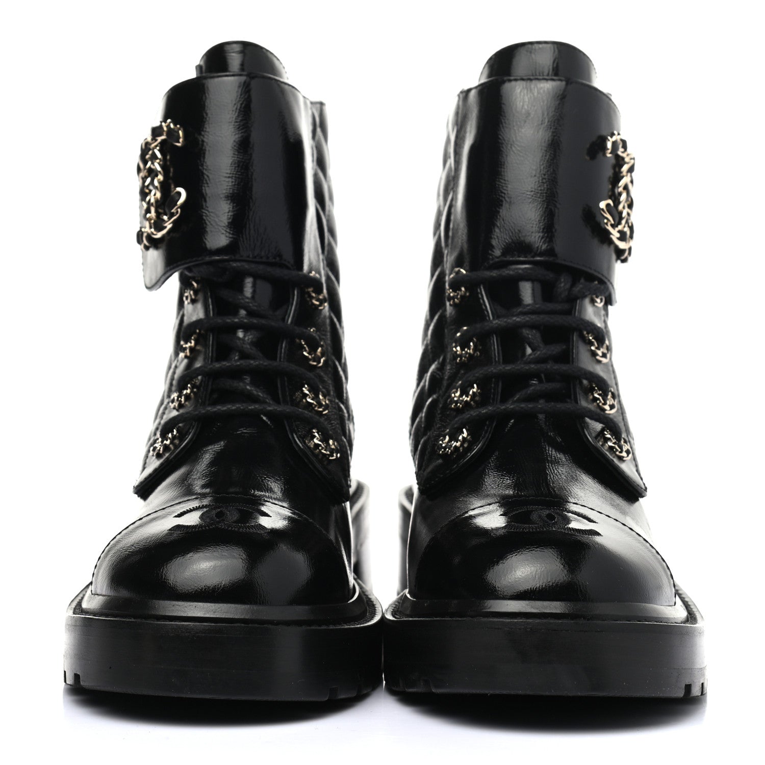 Chanel Shiny Calfskin Quilted Lace Up Combat Boots 37.5 Black 2 of 7