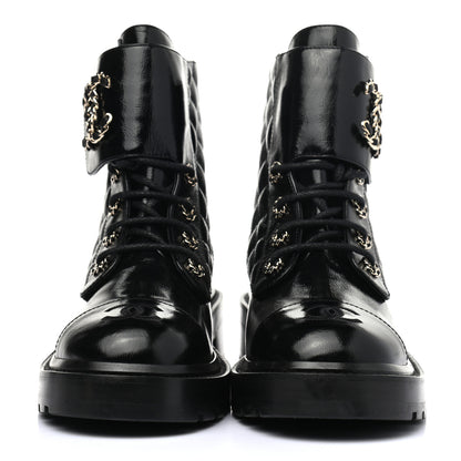 Chanel Shiny Calfskin Quilted Lace Up Combat Boots 37.5 Black 2 of 7