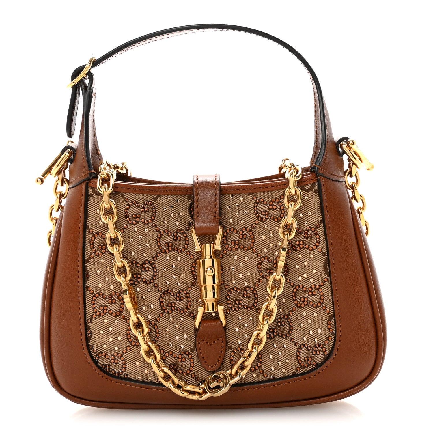 Gucci New Canvas Charisma Calfskin Crystal GG Monogram Mini Jackie 1961 Hobo Camel Ebony 1 of 10
