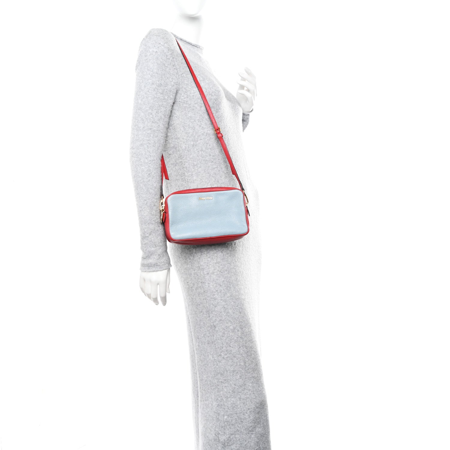 Miu Miu Goatskin Madras Double Zip Crossbody Bag Rosso Cielo 2 of 13