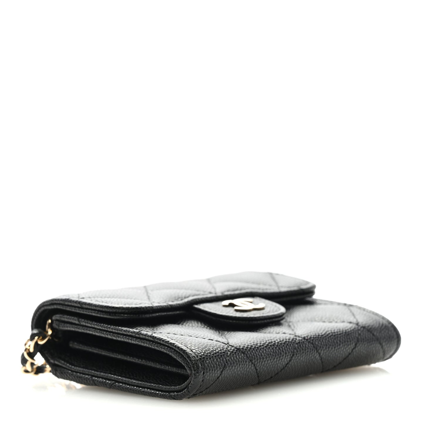 Caviar Quilted Flap Card Holder On Chain Black