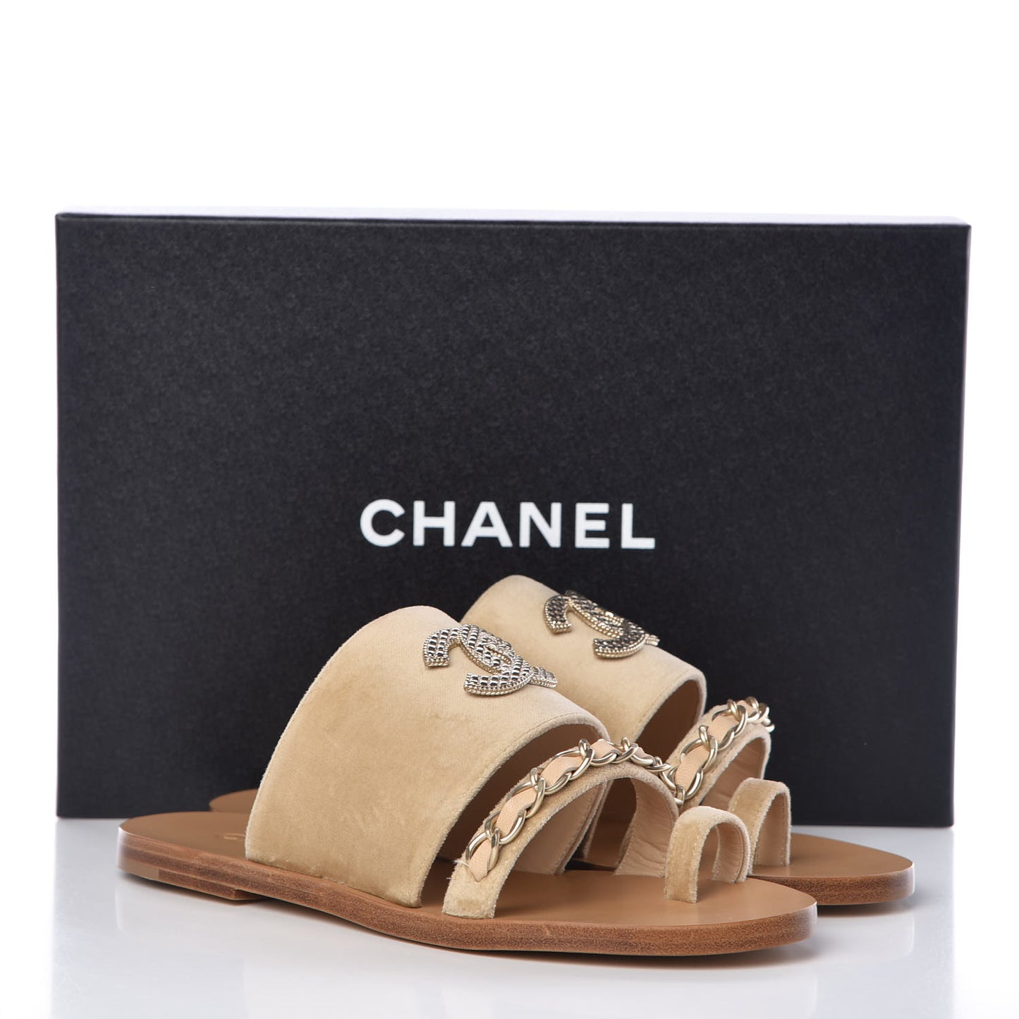 Velvet Chain Mule Sandals 37 Beige