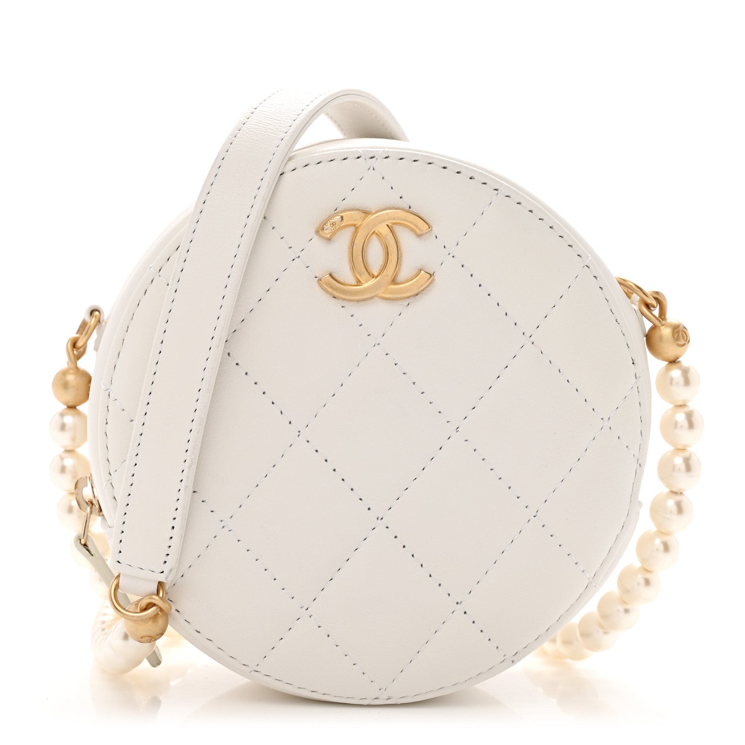 Chanel Calfskin Quilted Pearl Round Clutch With Chain White 1 of 11