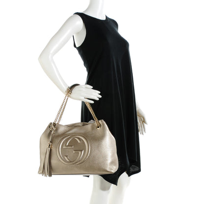 Gucci Metallic Pebbled Calfskin Medium Soho Chain Shoulder Bag Golden Beige 2 of 9