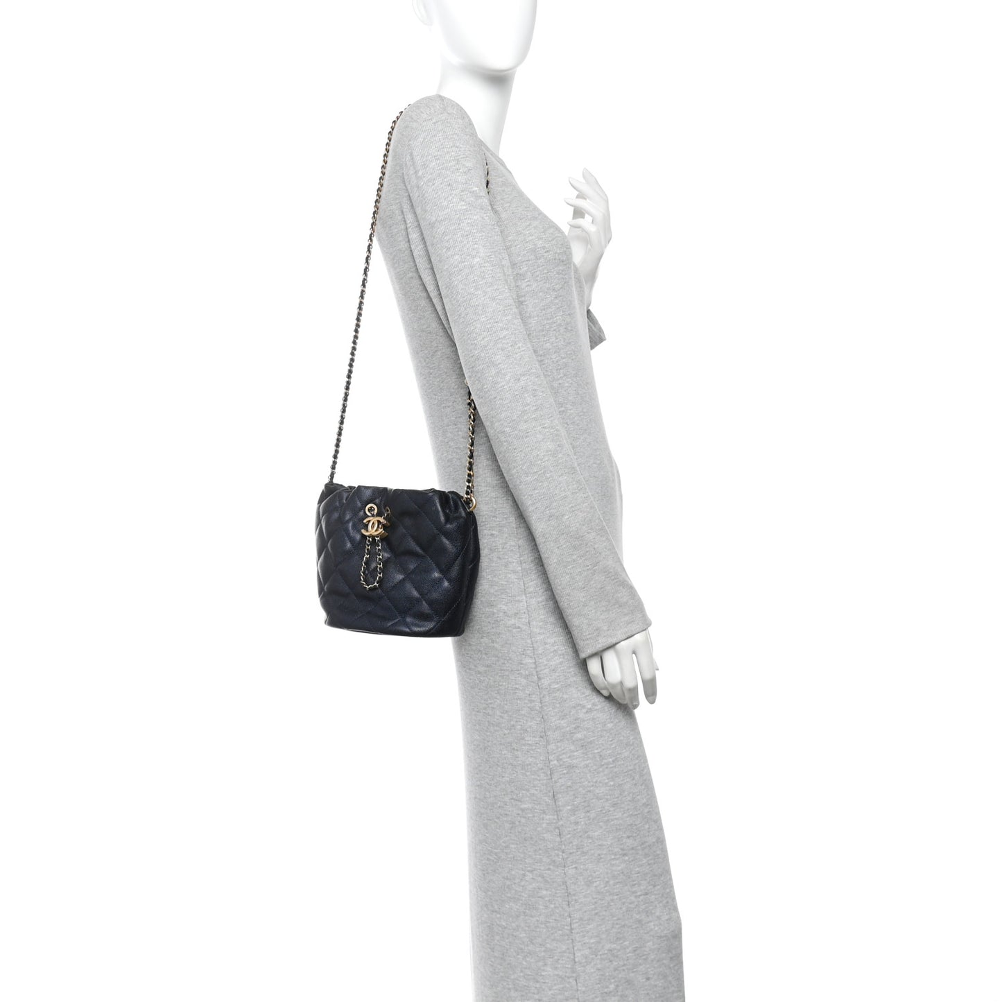 Iridescent Caviar Quilted My Perfect CC Bucket Drawstring Bag Blue