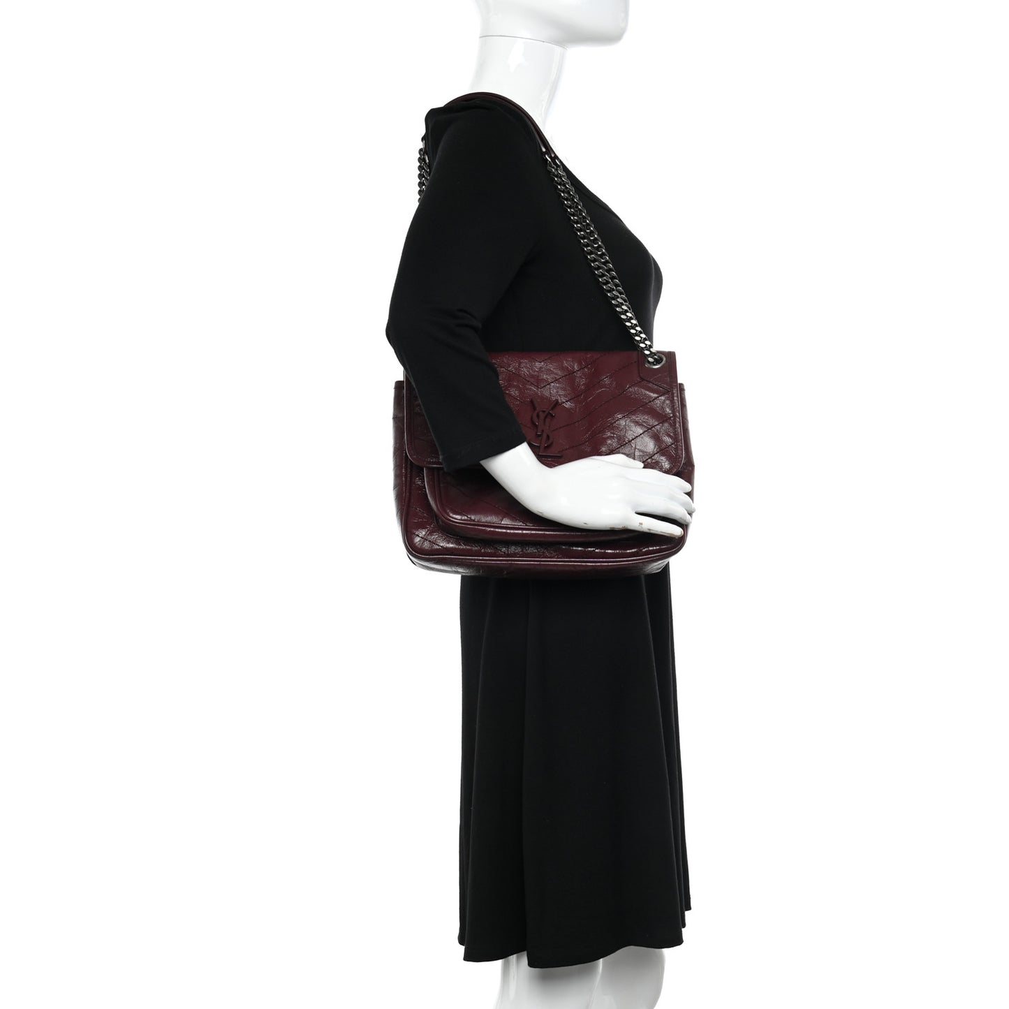 Crinkled Calfskin Matelasse Monogram Medium Niki Chain Satchel Rouge Legion