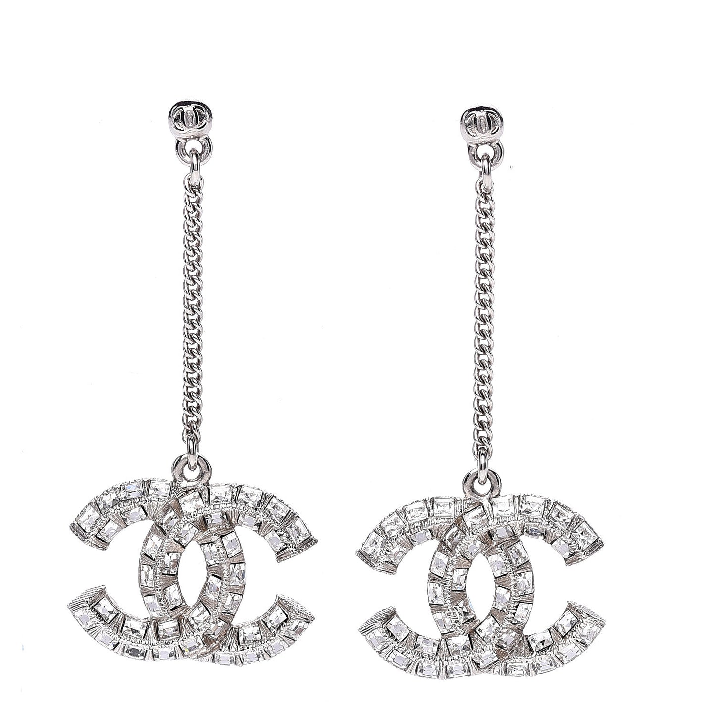 Baguette Crystal CC Drop Earrings Silver