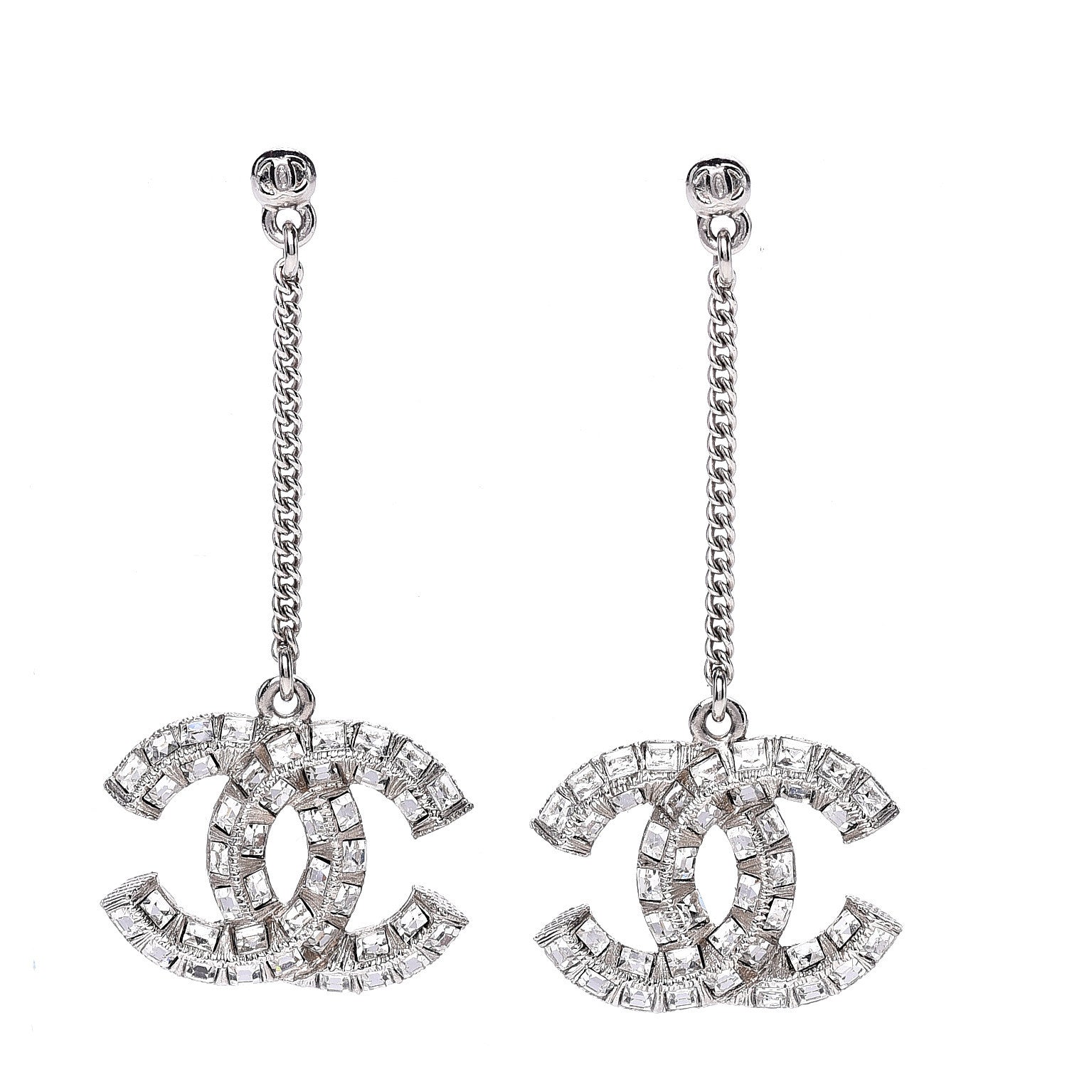 Chanel Baguette Crystal CC Drop Earrings Silver 1 of 4