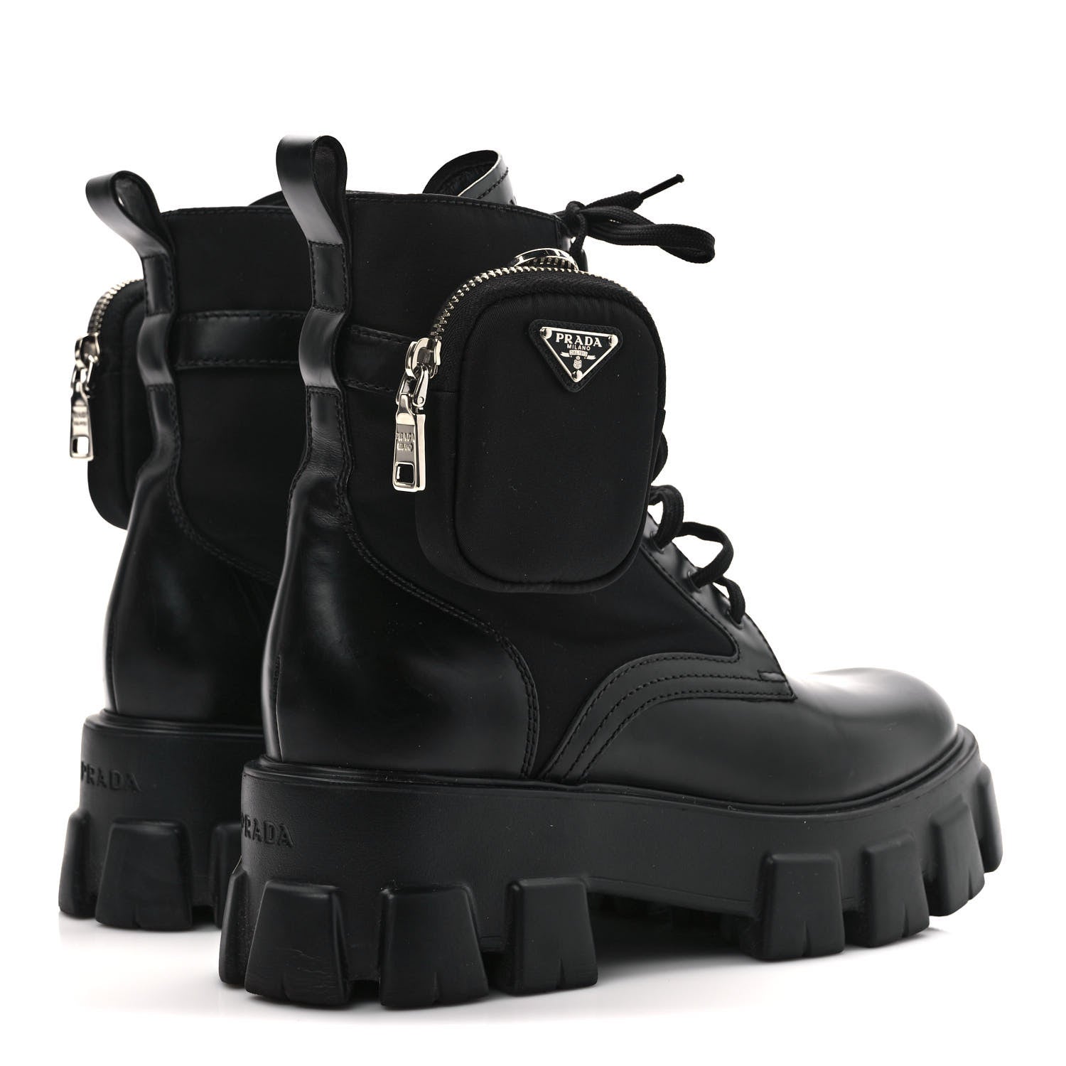Prada Spazzolato Rois Re-Nylon Metal Triangle Logo Monolith Pouch Pocket 55mm Boots 40 Black 4 of 10