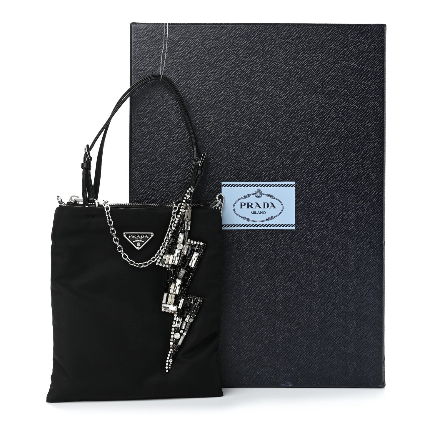 Tessuto Nylon Crystal Metal Triangle Logo Lightning Chain Shopping Tote Black