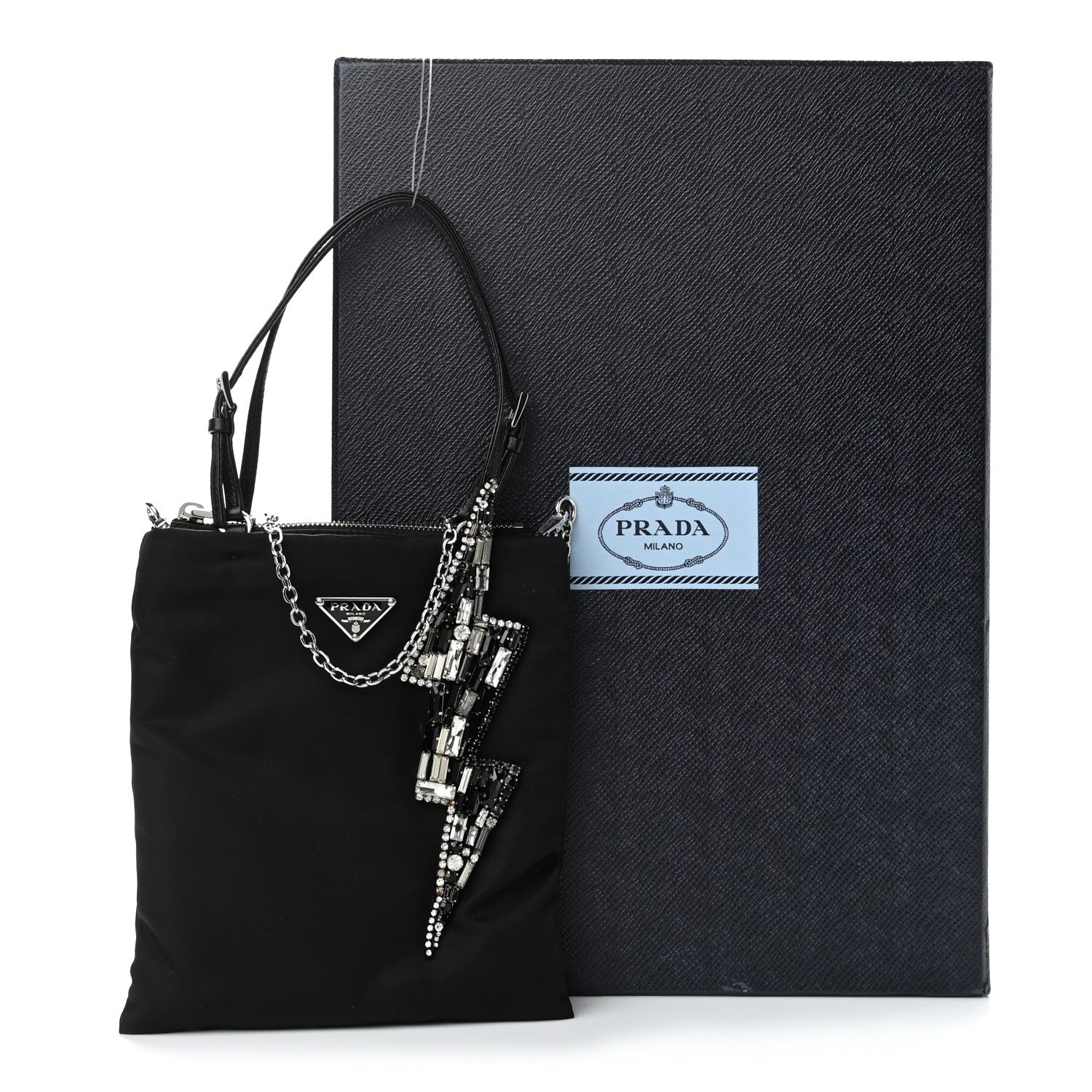 Prada Tessuto Nylon Crystal Metal Triangle Logo Lightning Chain Shopping Tote Black 12 of 12