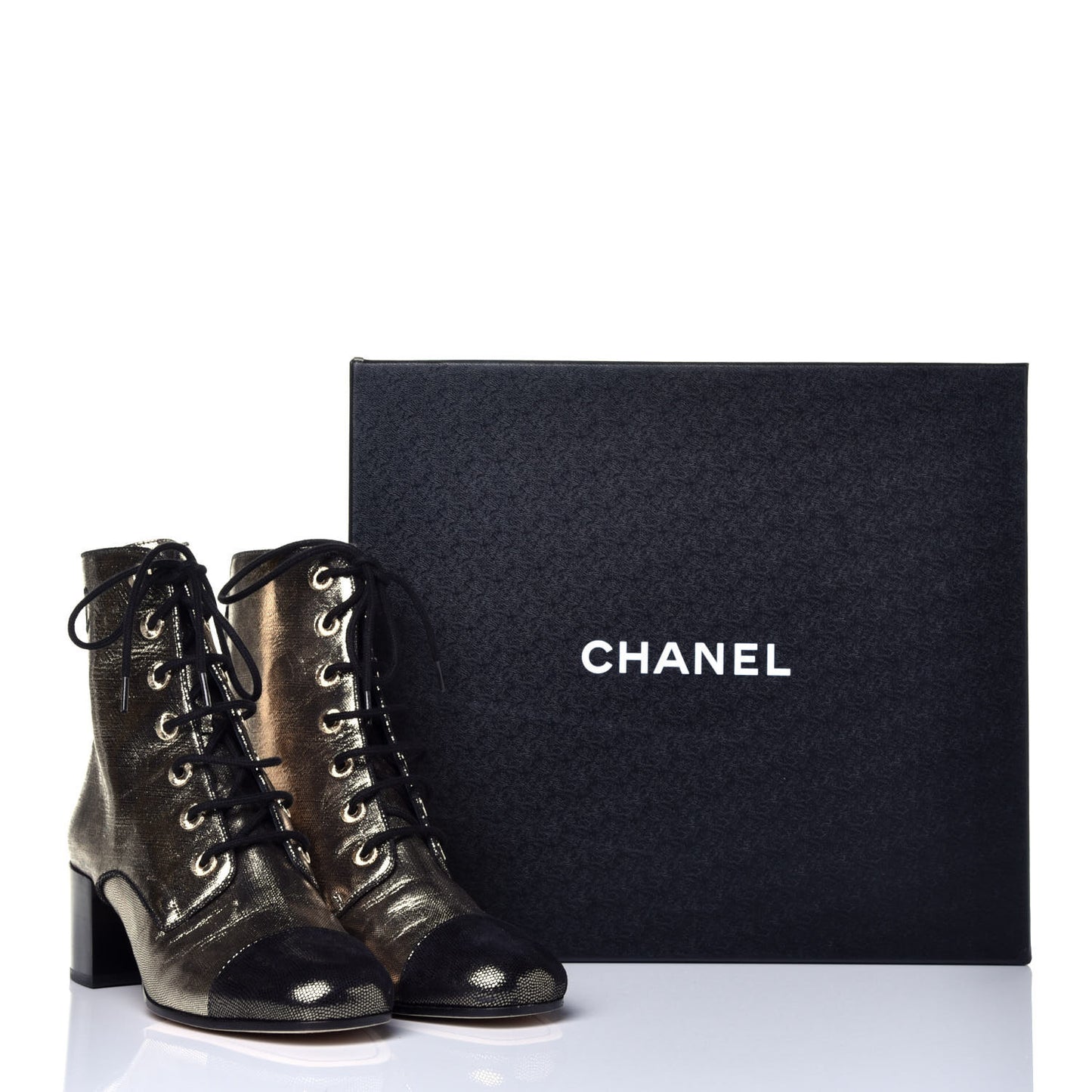Laminated Calfskin CC Lace Up Short Boots 38.5 Gold Silver
