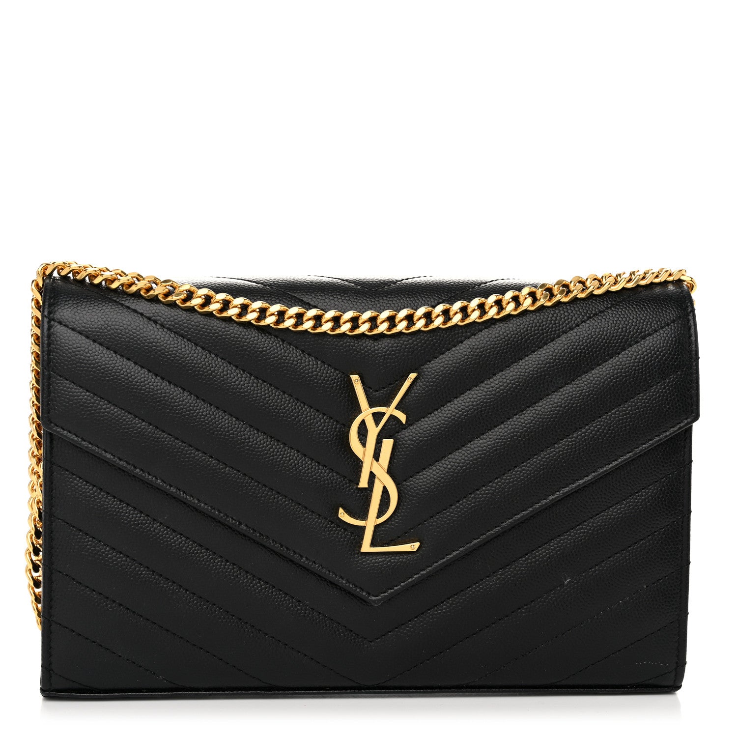 Saint Laurent Grain De Poudre Matelasse Chevron Monogram Chain Wallet Black 1 of 10