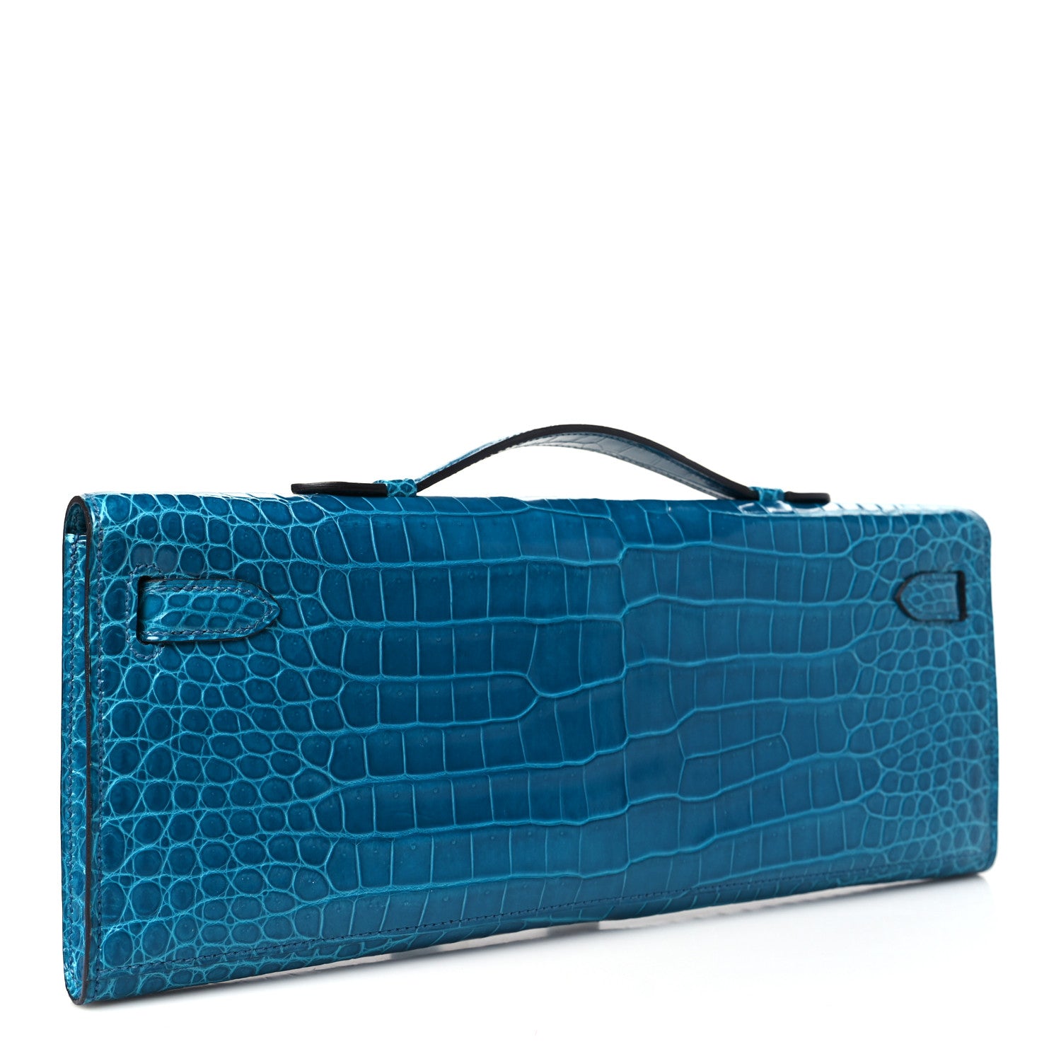 Hermes Shiny Porosus Crocodile Kelly Cut Pochette Bleu Izmir 3 of 11