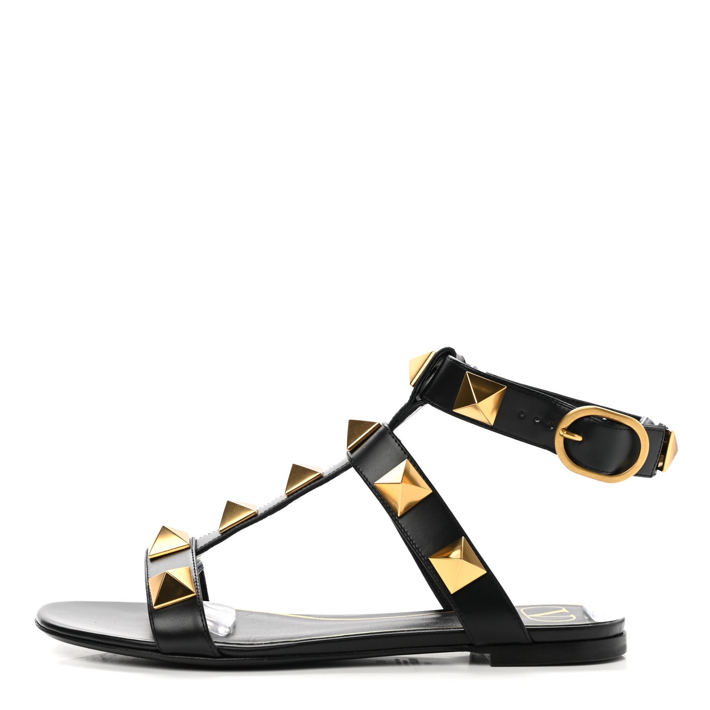 Calfskin Roman Stud Ankle Strap Flat Sandals 38 Black