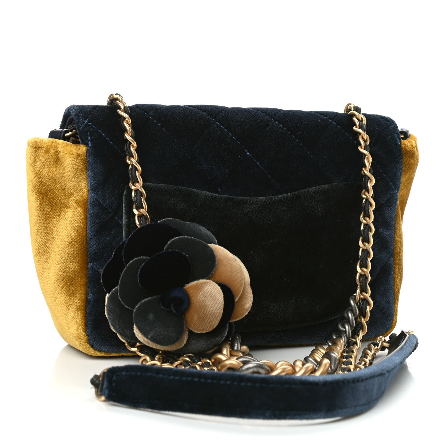 Chanel Velvet Quilted Small Camellia Flap Navy Yellow Charcoal 3 of 9