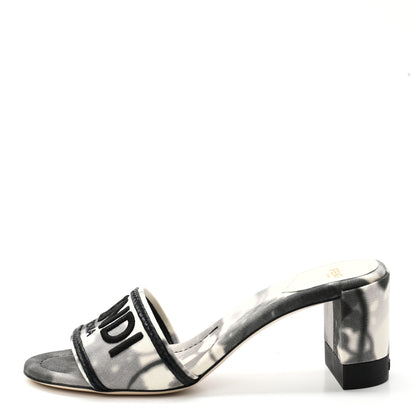 Fendi Canvas Floral Print Logo Mid-Heel Slide Sandals 40 Black White 1 of 7