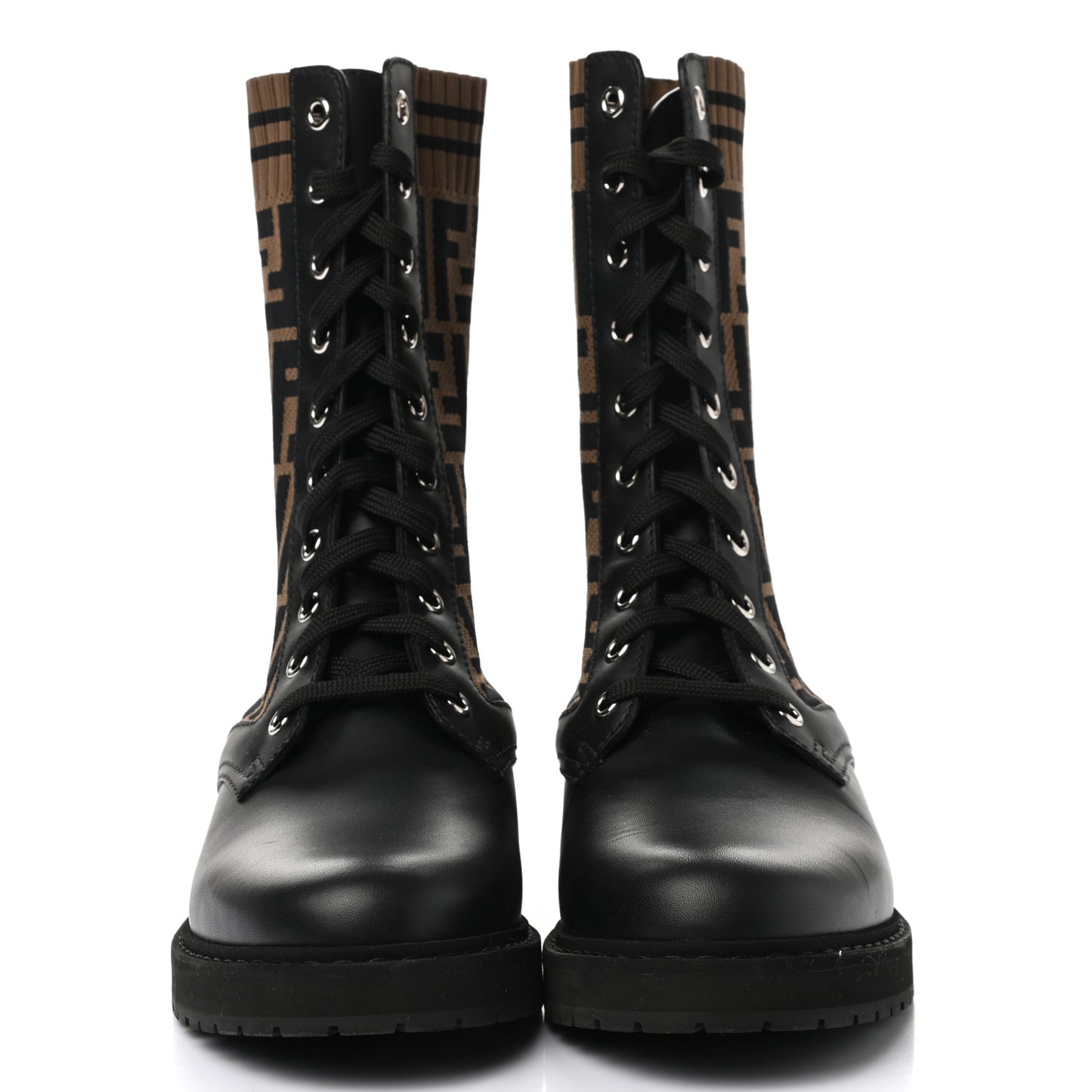 Calfskin Stretch Fabric FF Rockoko Biker Boots 37.5 Black Tobacco