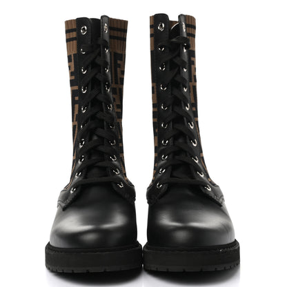 Fendi Calfskin Stretch Fabric FF Rockoko Biker Boots 37.5 Black Tobacco 2 of 8