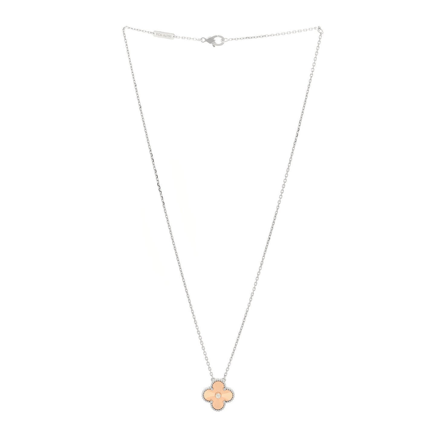 18K White Rose Gold Diamond Guilloche Vintage Alhambra Pendant Necklace