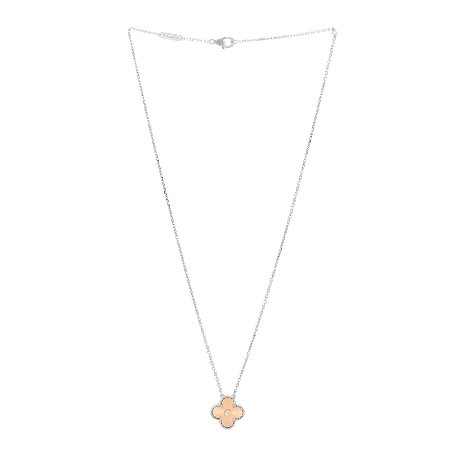 Van Cleef & Arpels 18K White Rose Gold Diamond Guilloche Vintage Alhambra Pendant Necklace 3 of 5