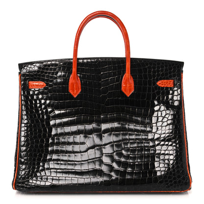 Hermes Shiny Porosus Crocodile Birkin 40 Black Orange 4 of 43