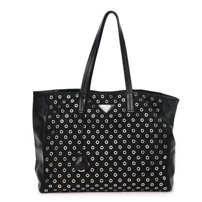 Prada Tessuto Nylon Calfskin Grommet Tote Black 1 of 9