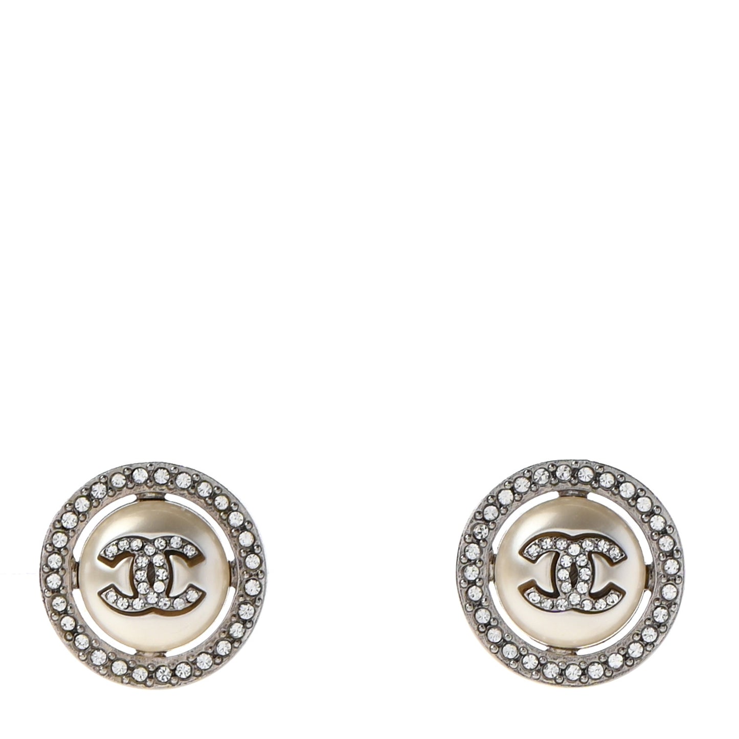 Pearl Crystal CC Round Earrings Silver