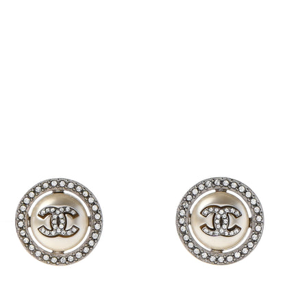 Chanel Pearl Crystal CC Round Earrings Silver 1 of 4