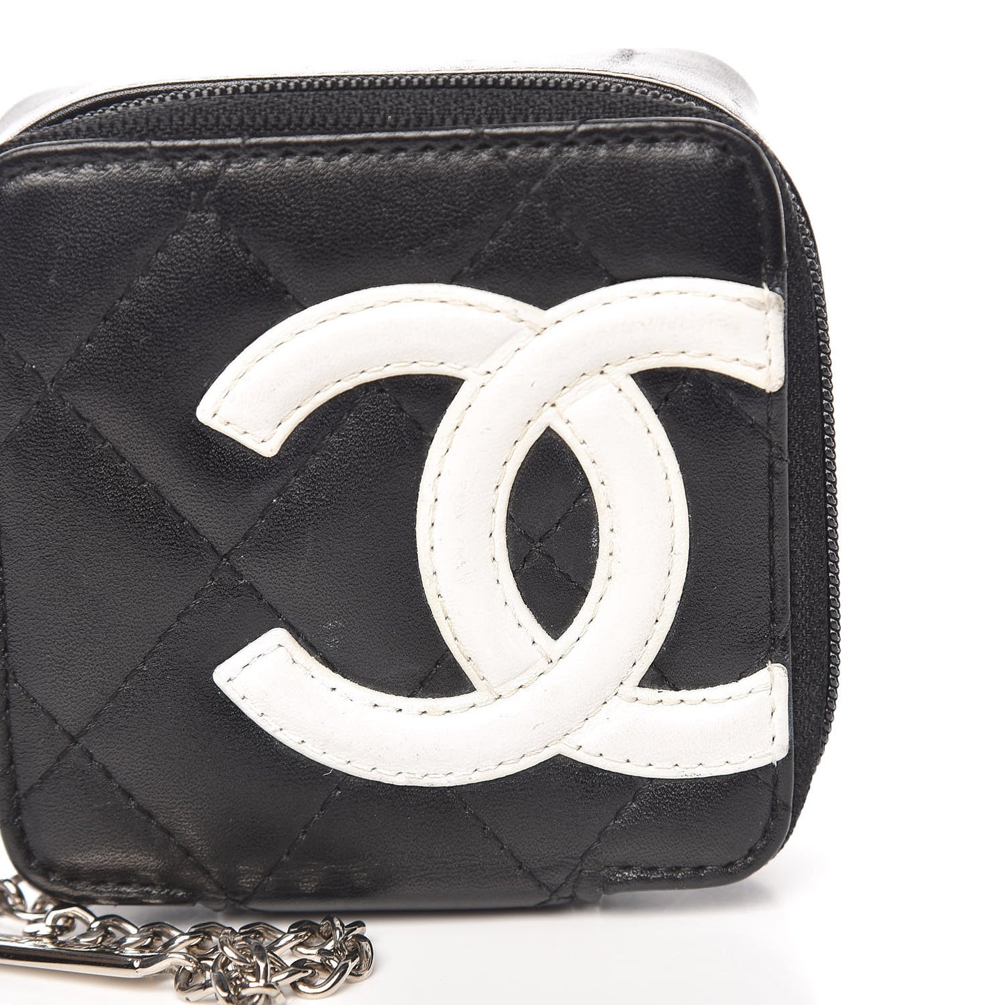 Calfskin Quilted Cambon Zip Around Makeup Pouch Black White