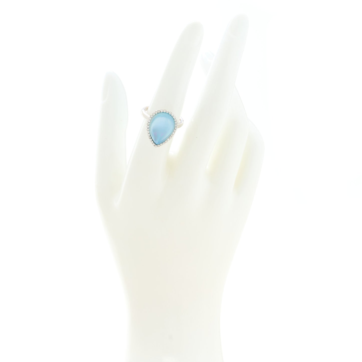 18K White Gold Diamond Blue Topaz Mother of Pearl Cocktail Ring 53 6.5